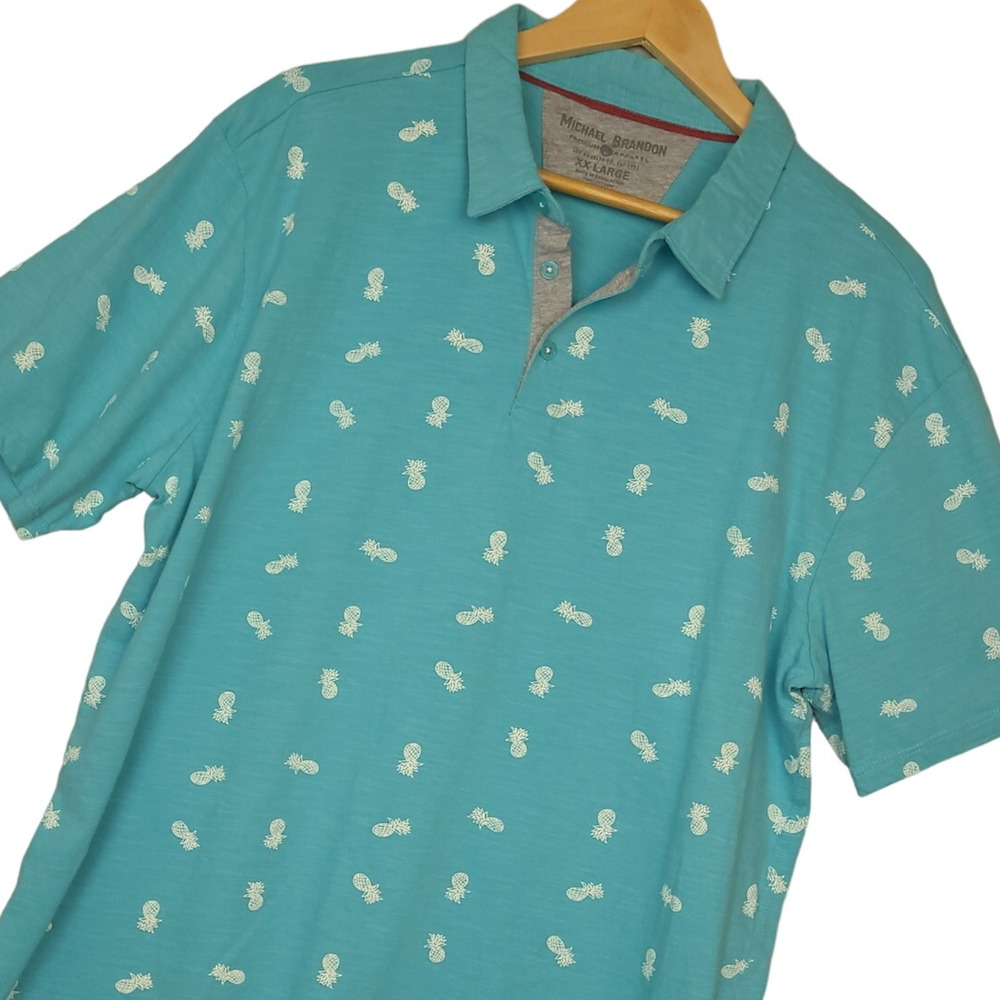 Michael Brandon Men's Polo Shirt 2XL Blue Pineapple AOP Short Sleeve‎ Casual